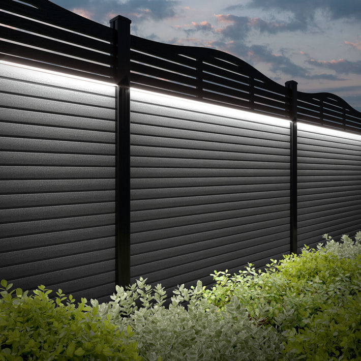 Hudson Aspen Curved Top Fence Panel - Mid Grey - with our aluminium posts