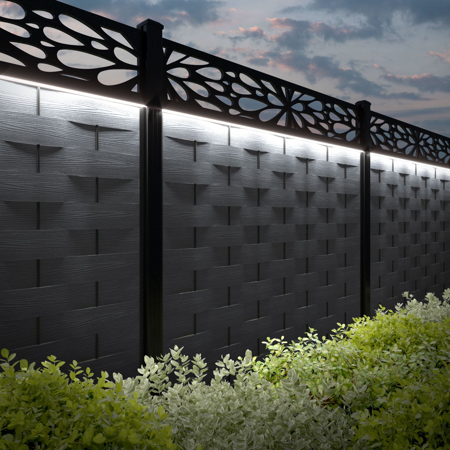 Ripple Blossom Fence Panel - Anthracite - with our aluminium posts