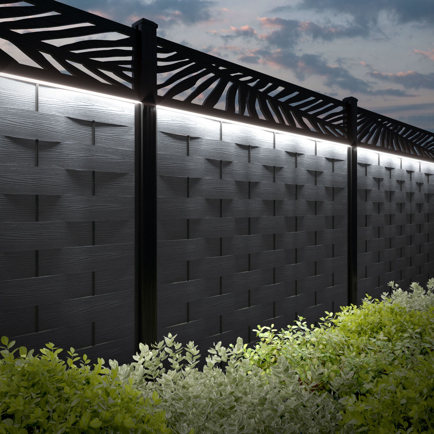 Ripple Palm Fence Panel - Anthracite - with our aluminium posts