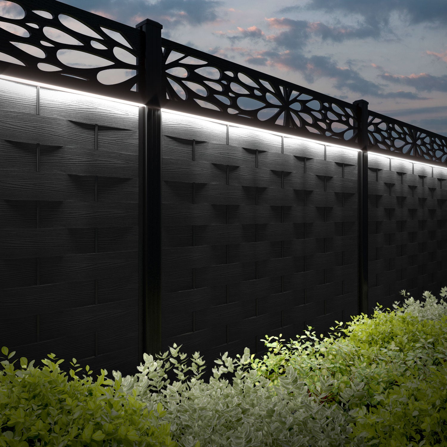 Ripple Blossom Fence Panel - Black - with our aluminium posts
