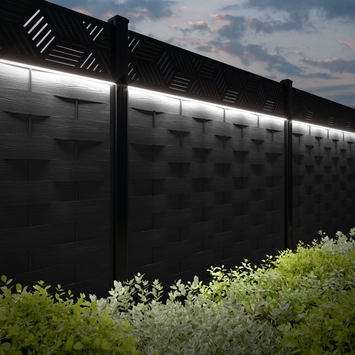 Ripple Cubed Fence Panel - Black - with our aluminium posts