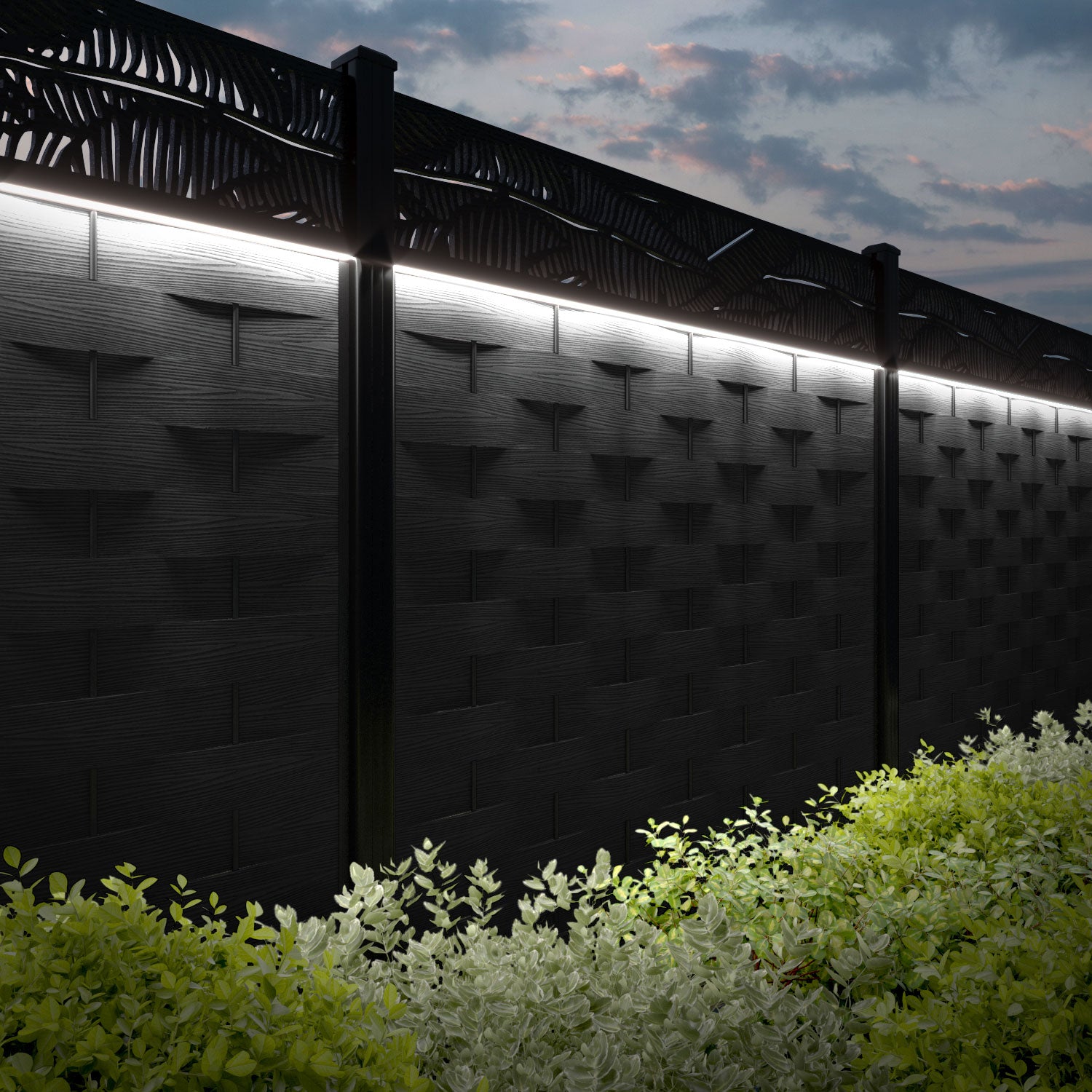 Ripple Feather Fence Panel - Black - with our aluminium posts