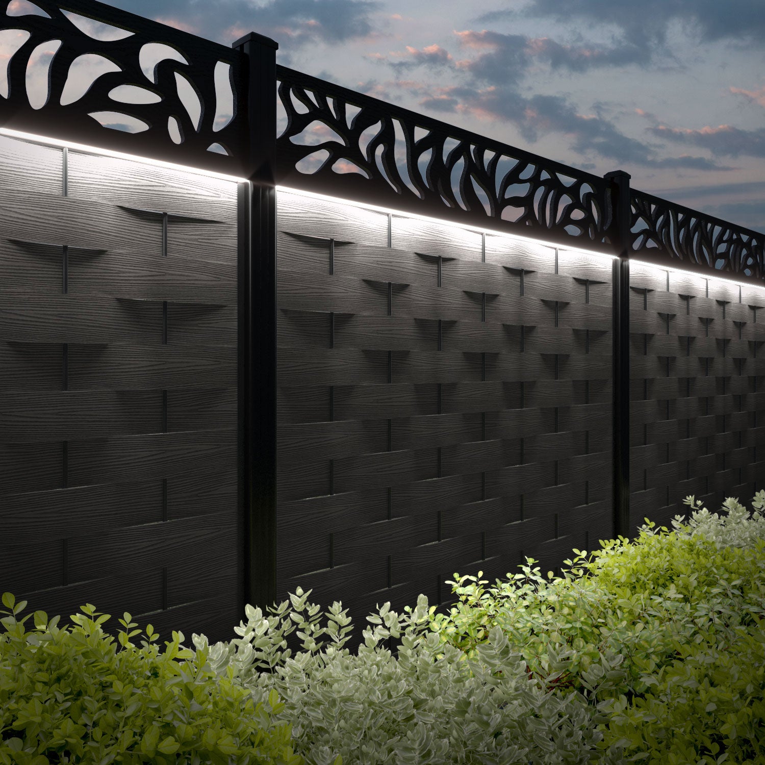 Ripple Plume Fence Panel - Dark Oak - with our aluminium posts