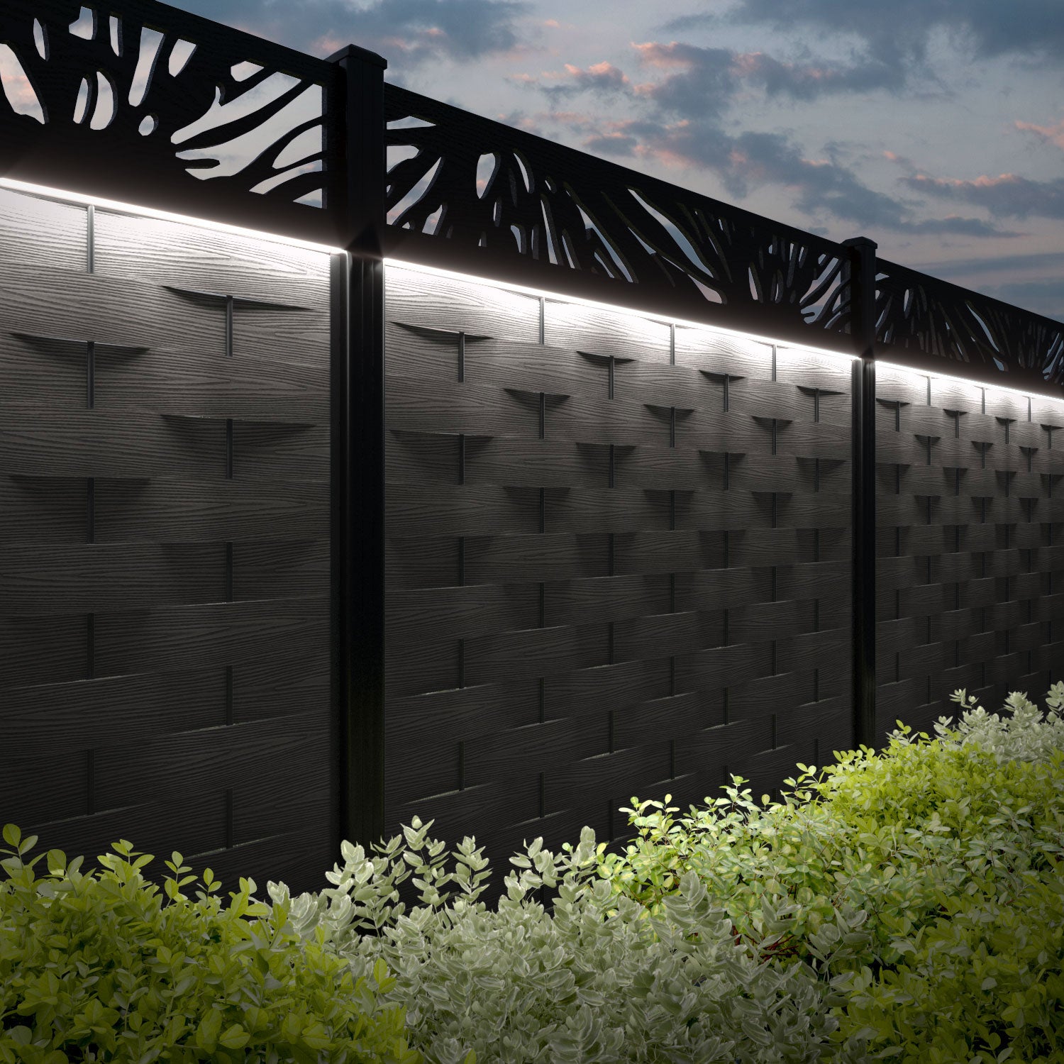 Ripple Poppy Fence Panel - Dark Oak - with our aluminium posts