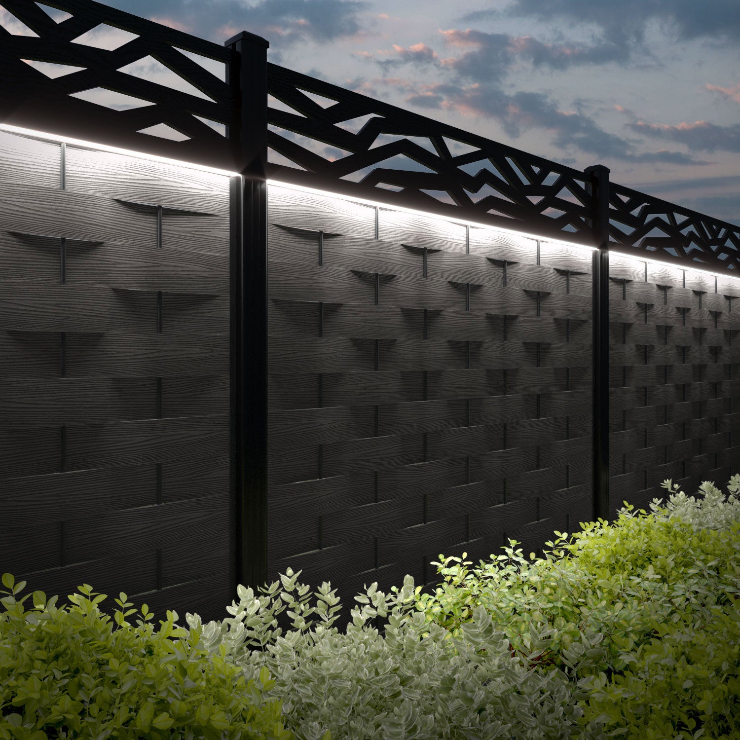 Ripple Zenith Fence Panel - Dark Oak - with our aluminium posts