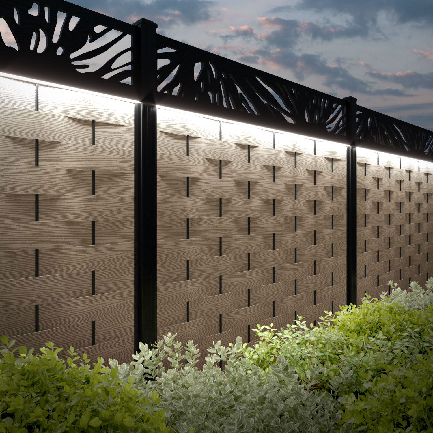 Ripple Poppy Fence Panel - Light Oak - with our aluminium posts