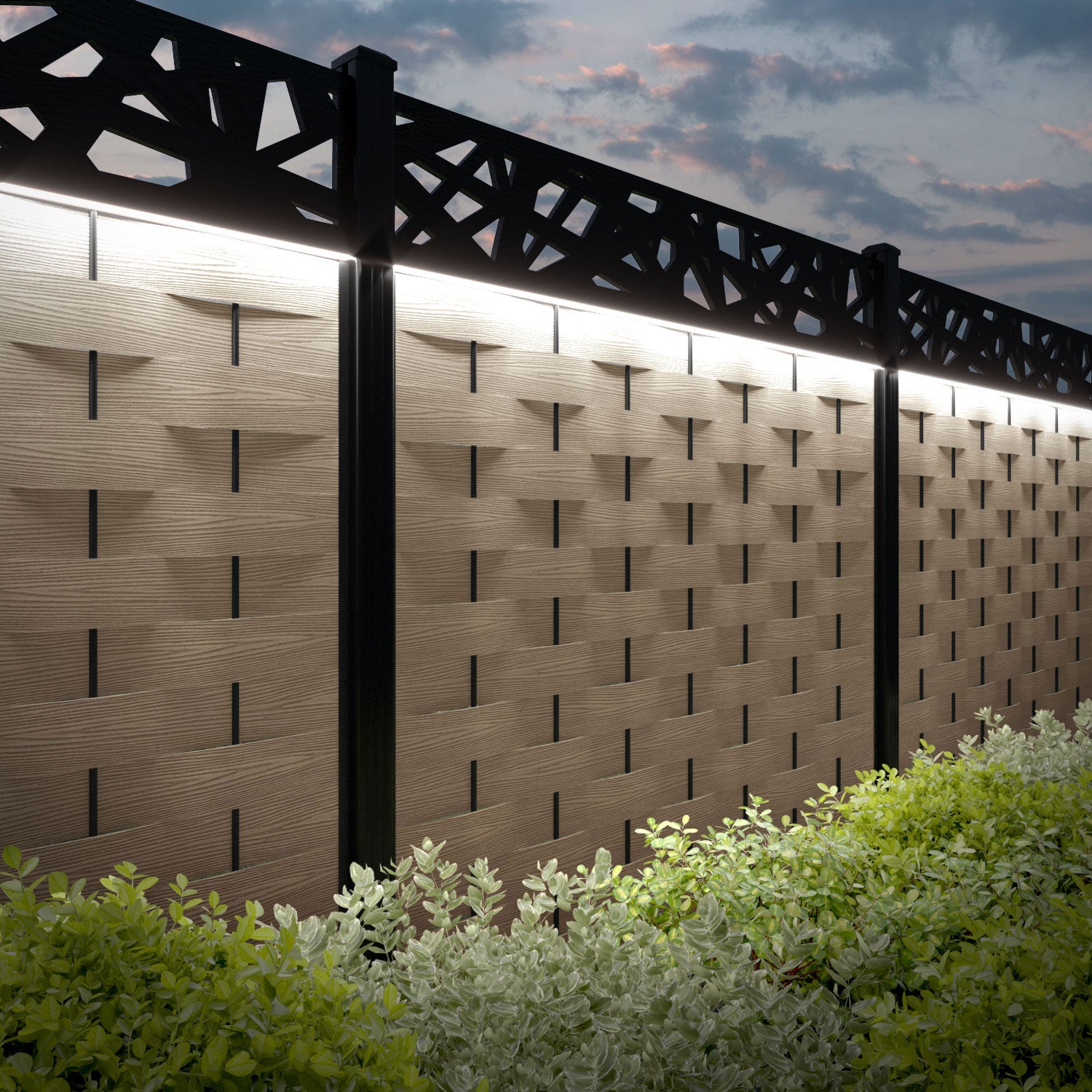 Ripple Prism Fence Panel - Light Oak - with our aluminium posts