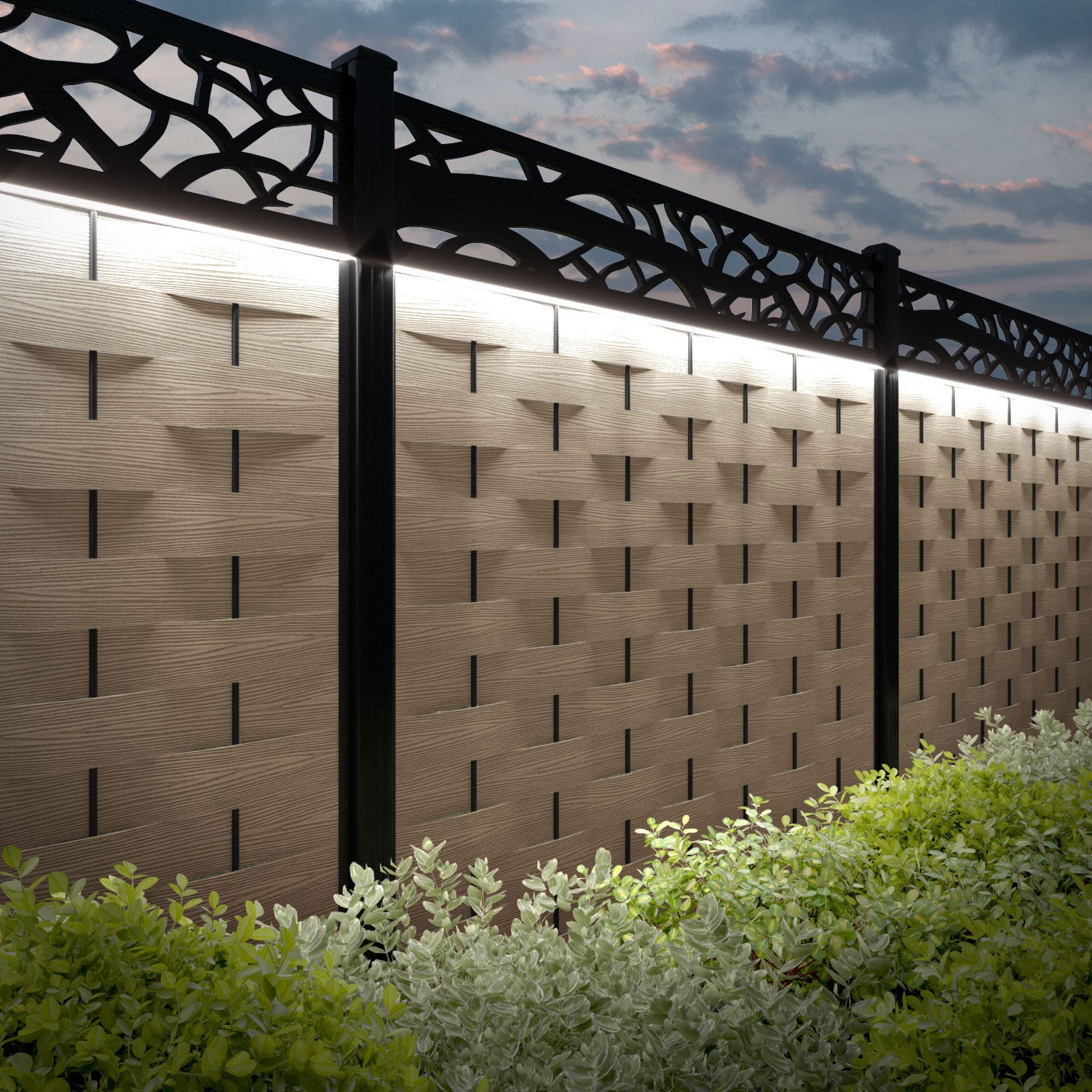 Ripple Twilight Fence Panel - Light Oak - with our composite posts