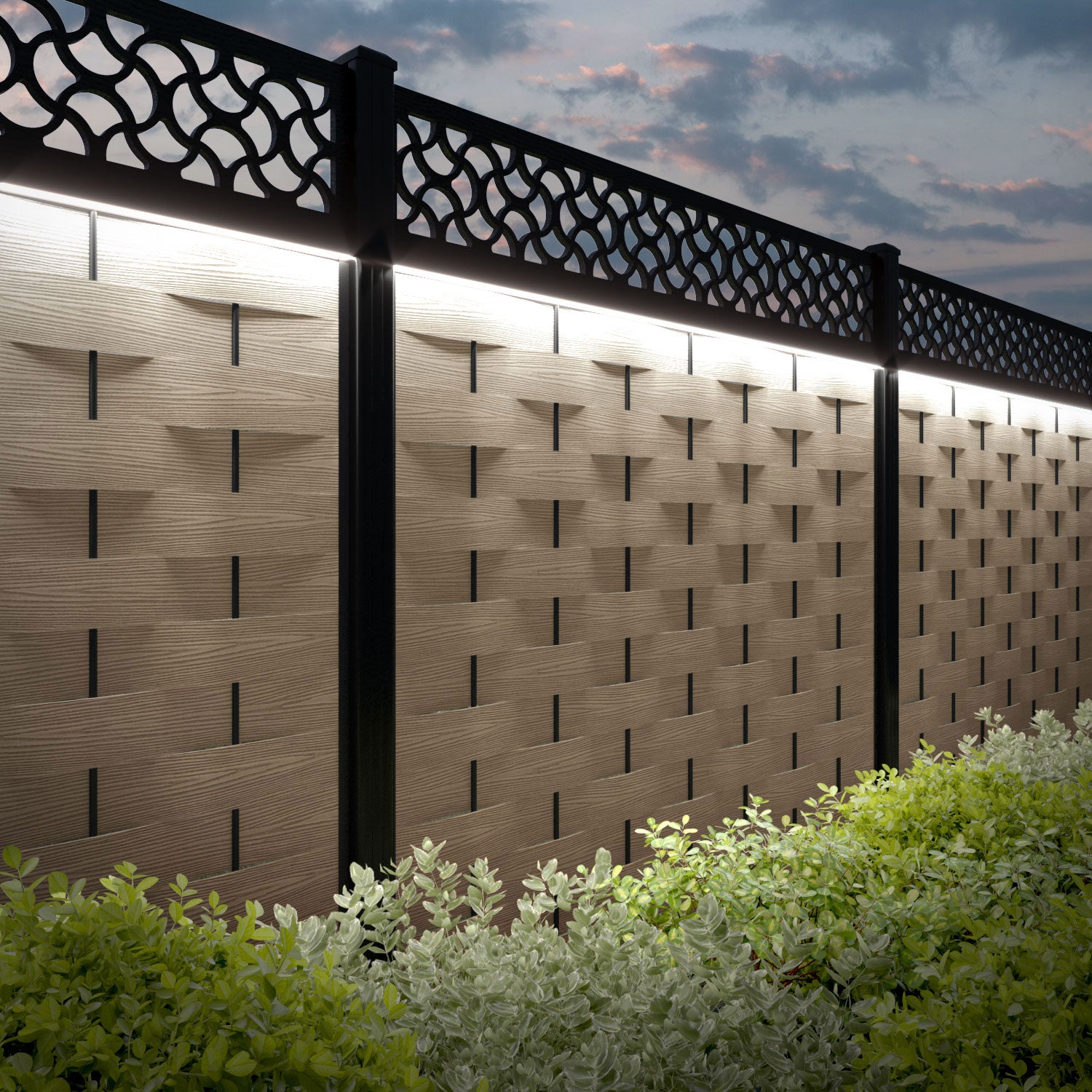 Ripple Vida Fence Panel - Light Oak - with our aluminium posts