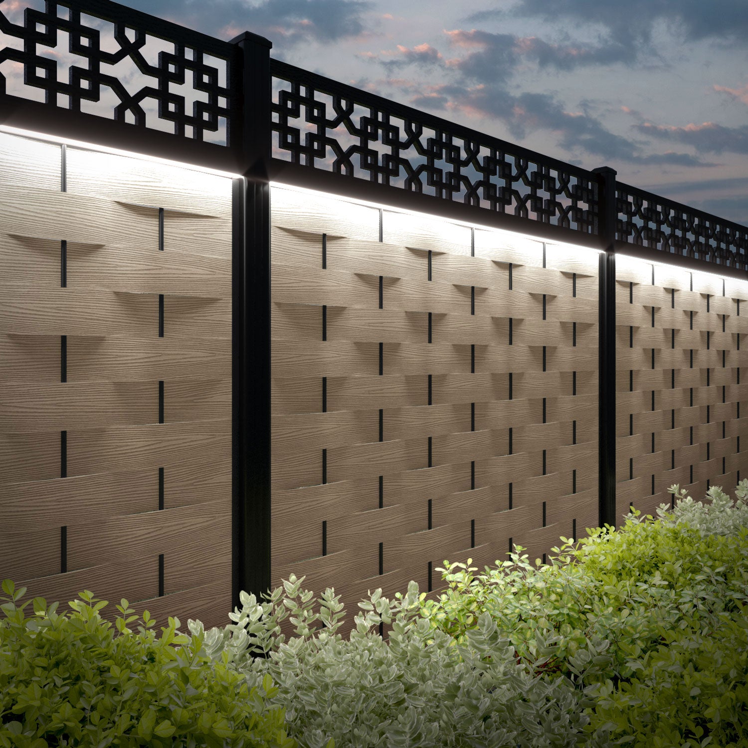 Ripple Zaria Fence Panel - Light Oak - with our aluminium posts