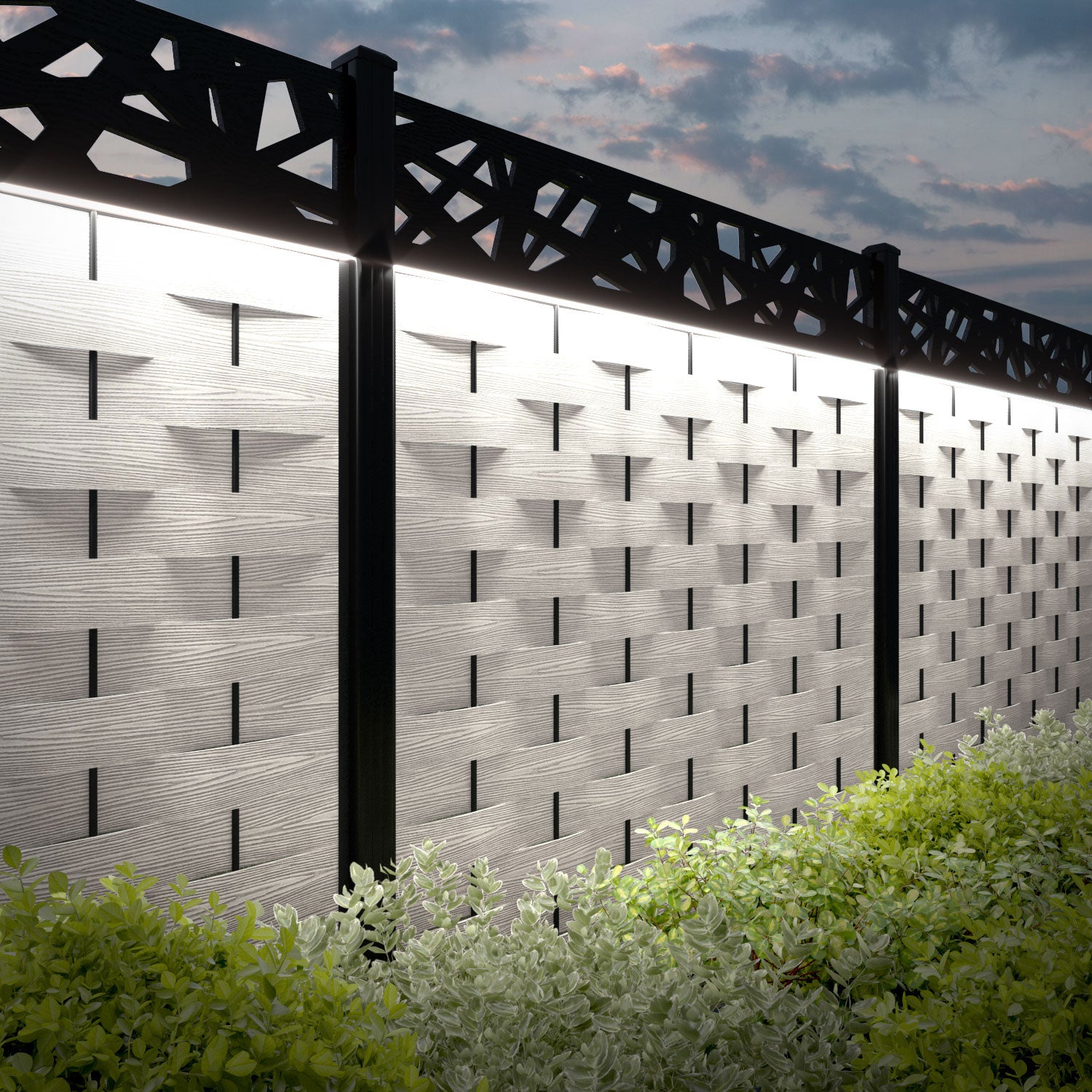 Ripple Prism Fence Panel - Light Stone - with our aluminium posts