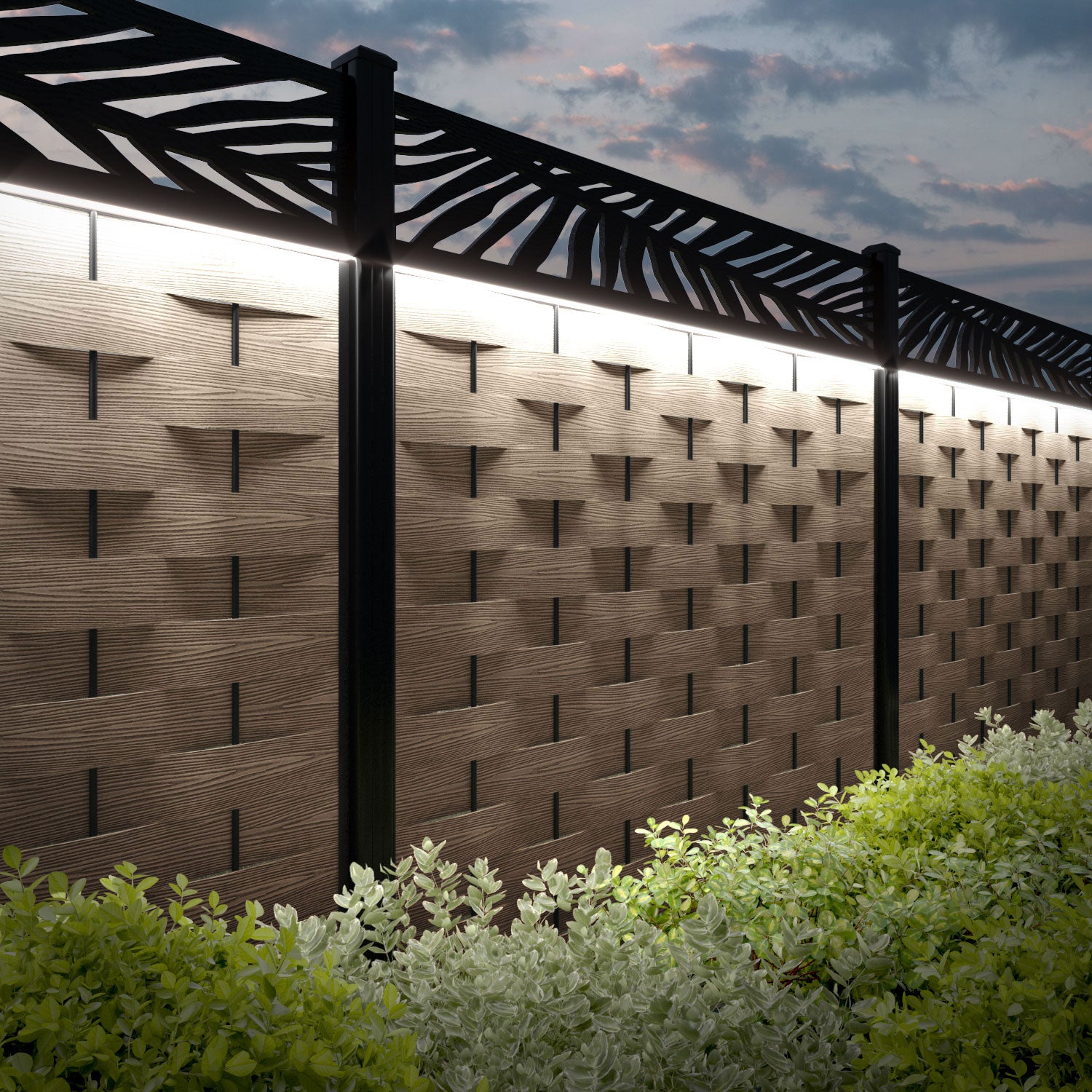 Ripple Palm Fence Panel - Teak - with our aluminium posts