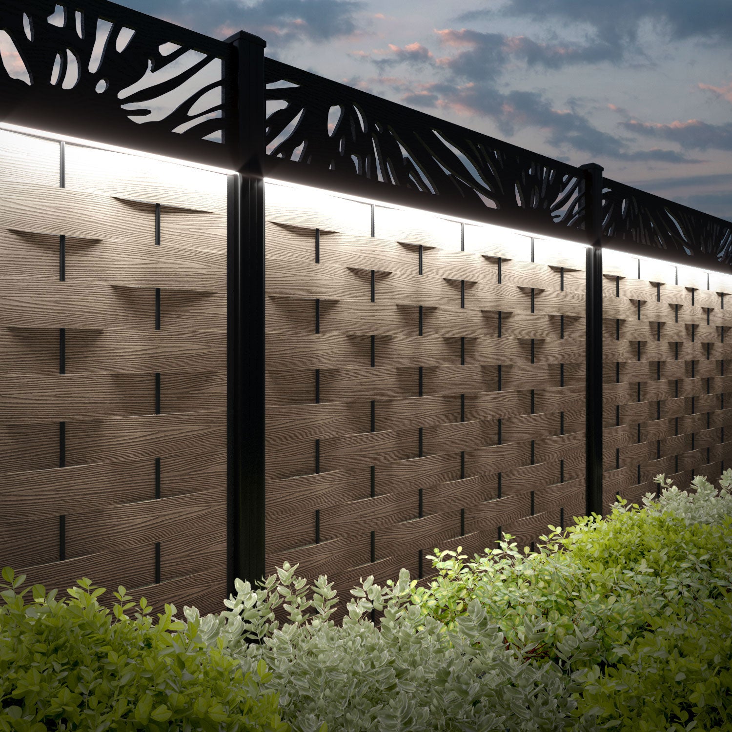 Ripple Poppy Fence Panel - Teak - with our aluminium posts