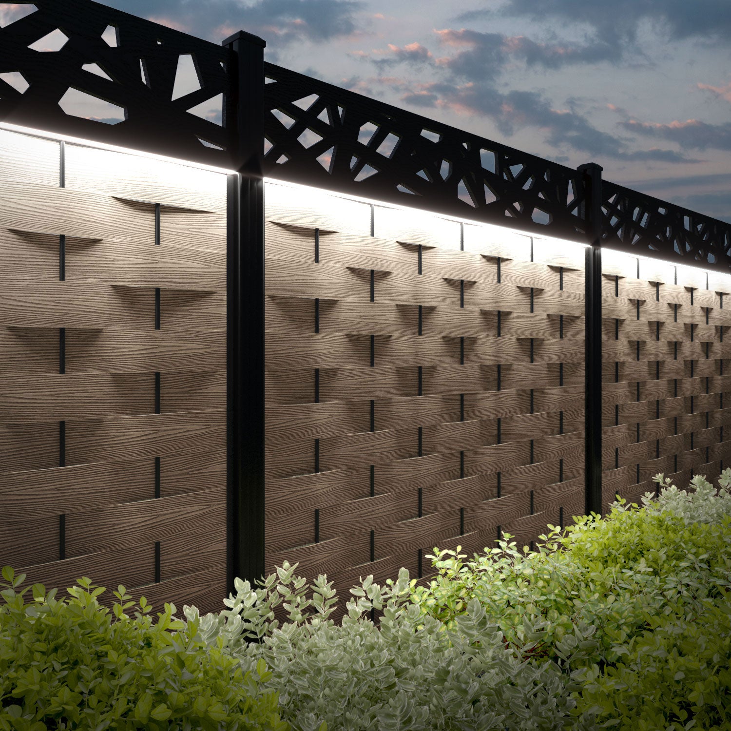 Ripple Prism Fence Panel - Teak - with our aluminium posts