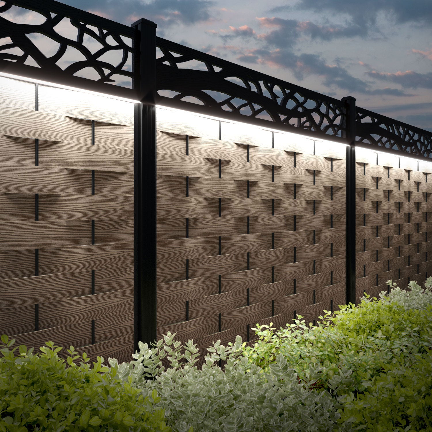 Ripple Twilight Fence Panel - Teak - with our aluminium posts