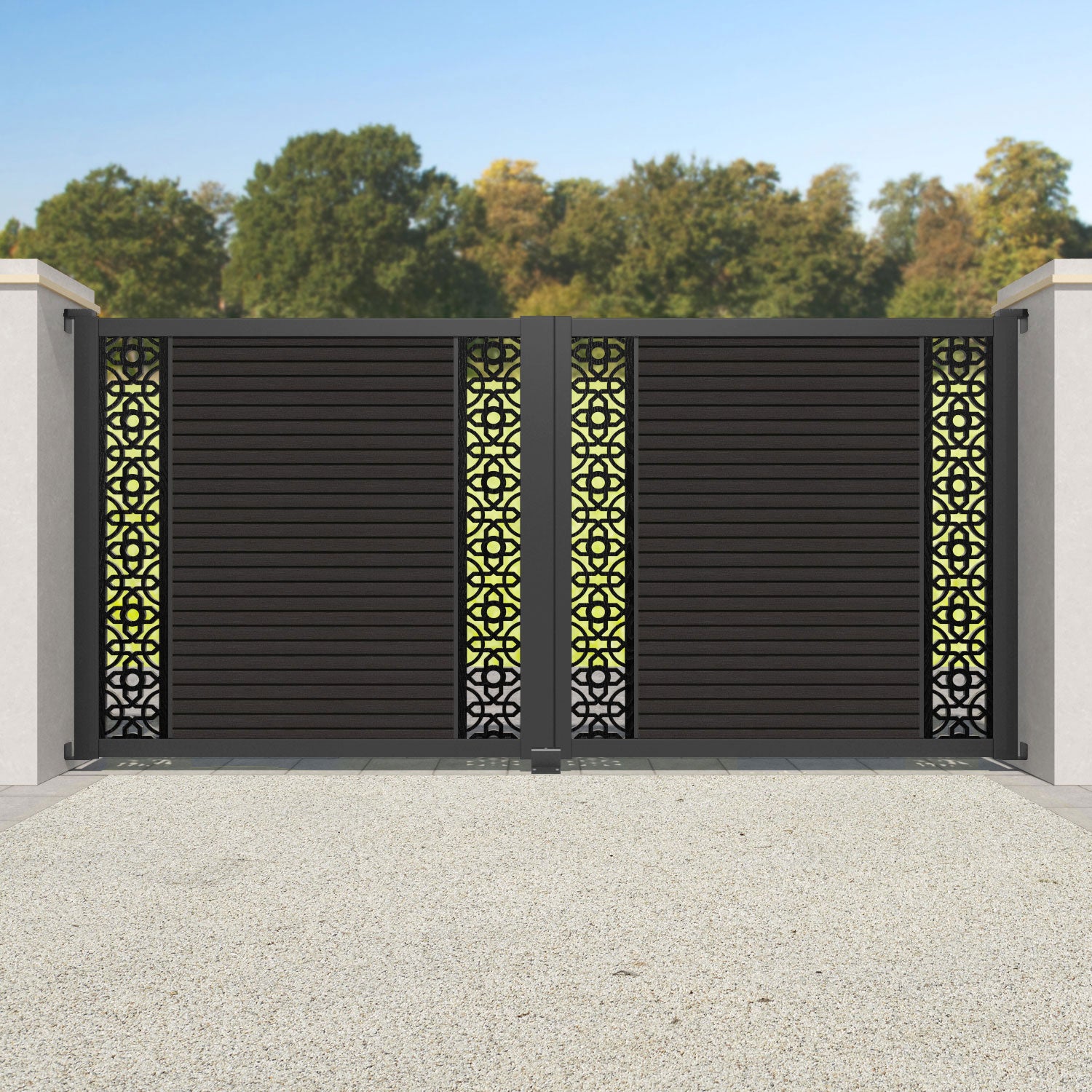 Hudson Nabila Straight Top Driveway Gate - Dark Oak - Middle & End Screen