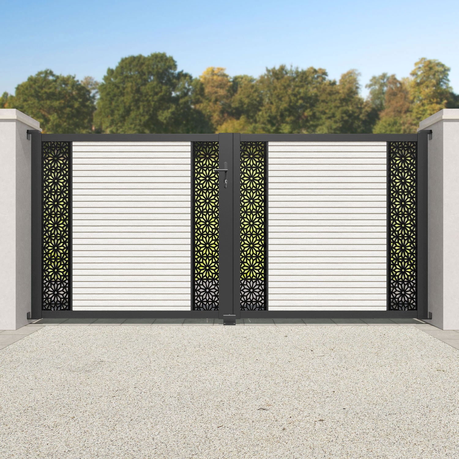 Hudson Narwa Straight Top Driveway Gate - Light Stone - Middle & End Screen