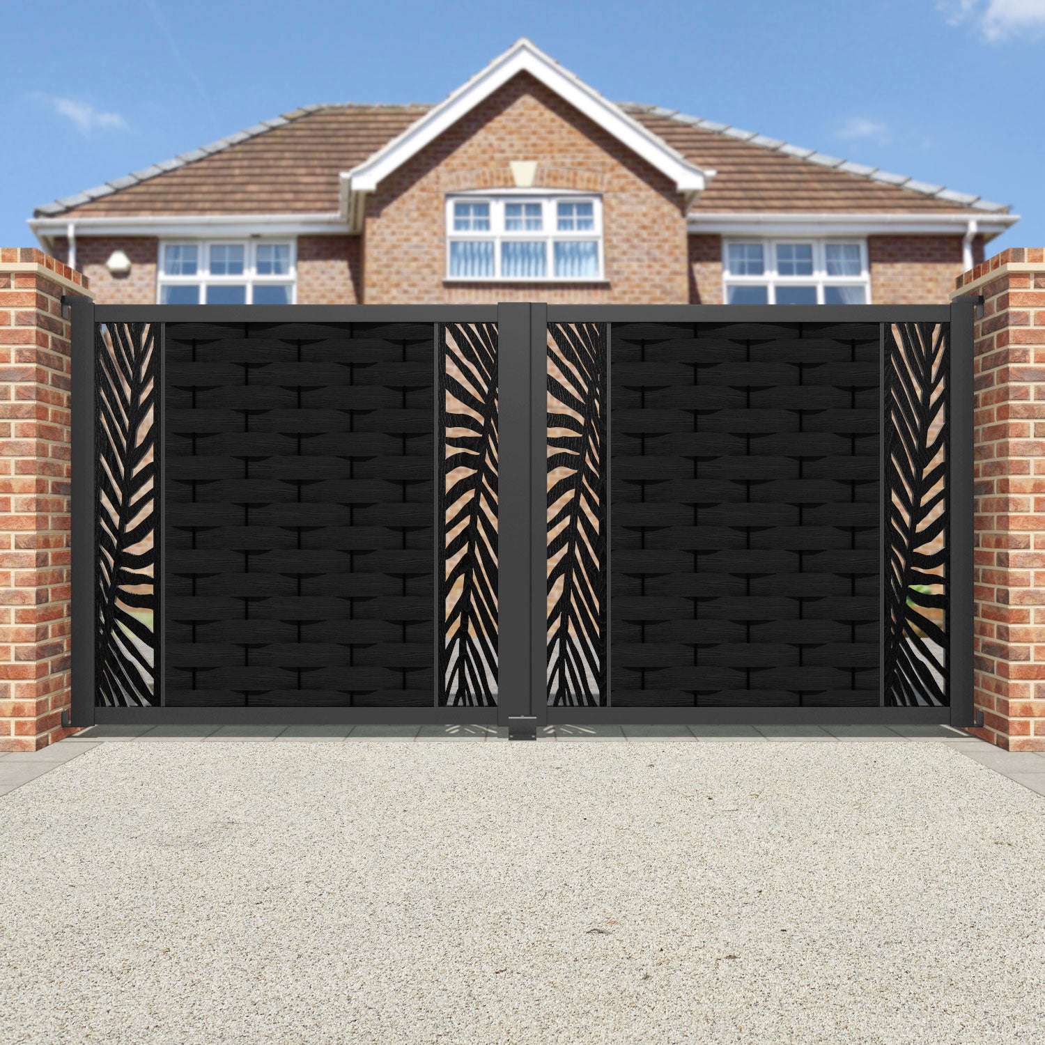Ripple Palm Straight Top Driveway Gate - Black - Middle & End Screen