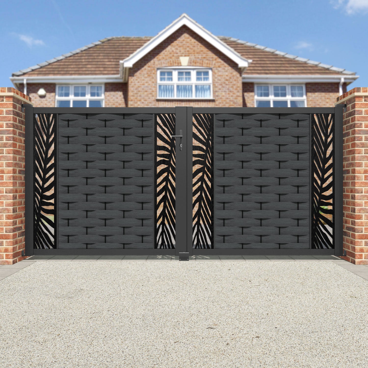 Ripple Palm Straight Top Driveway Gate - Dark Grey - Middle & End Screen