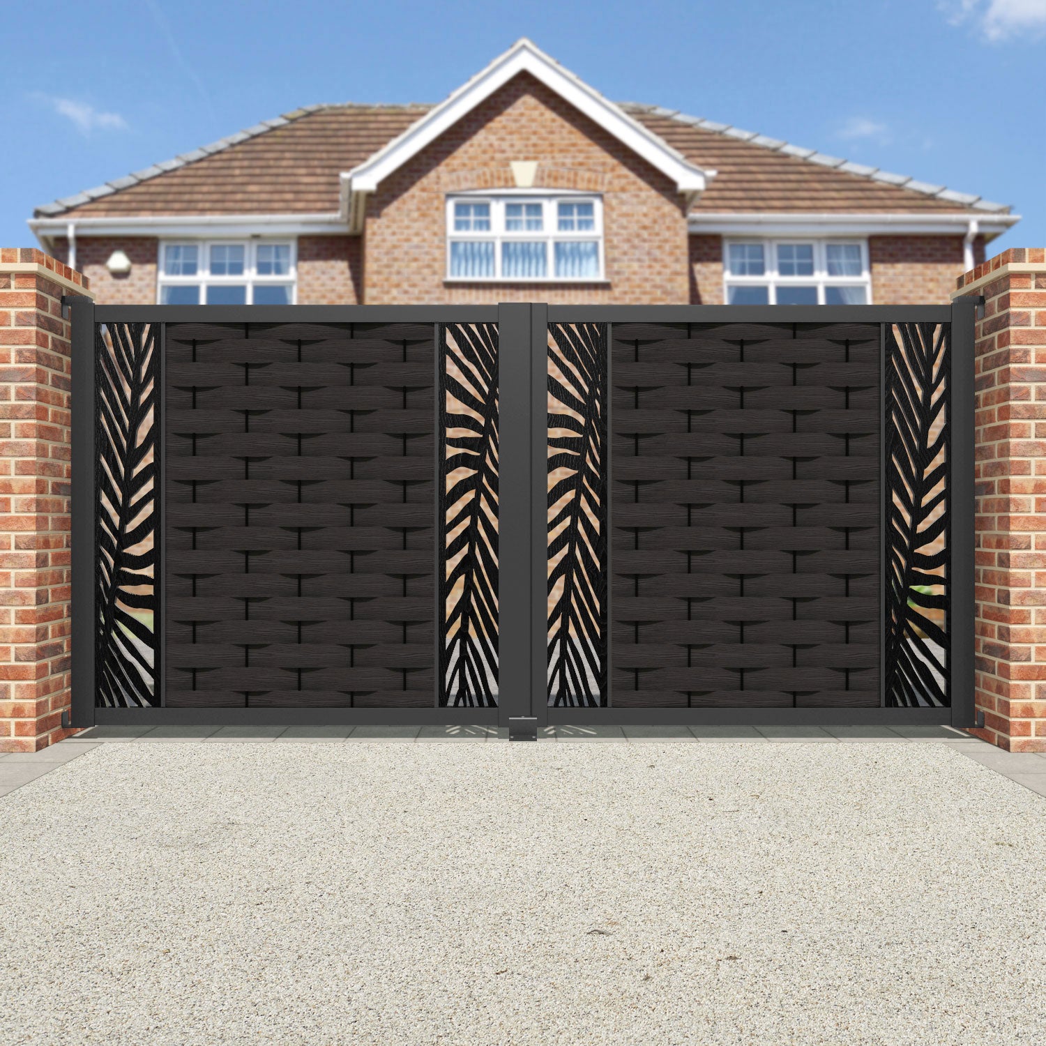 Ripple Palm Straight Top Driveway Gate - Dark Oak - Middle & End Screen