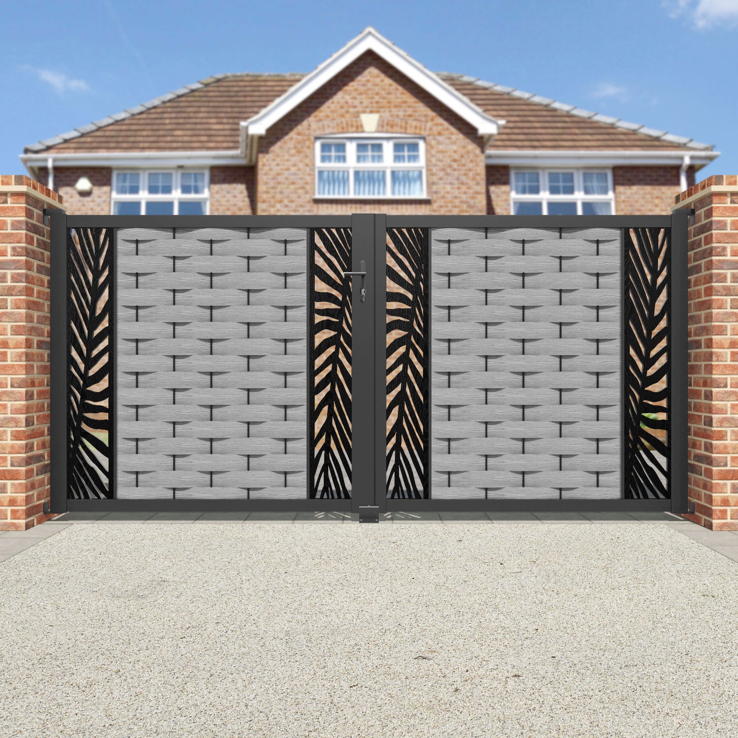 Ripple Palm Straight Top Driveway Gate - Light Grey - Middle & End Screen