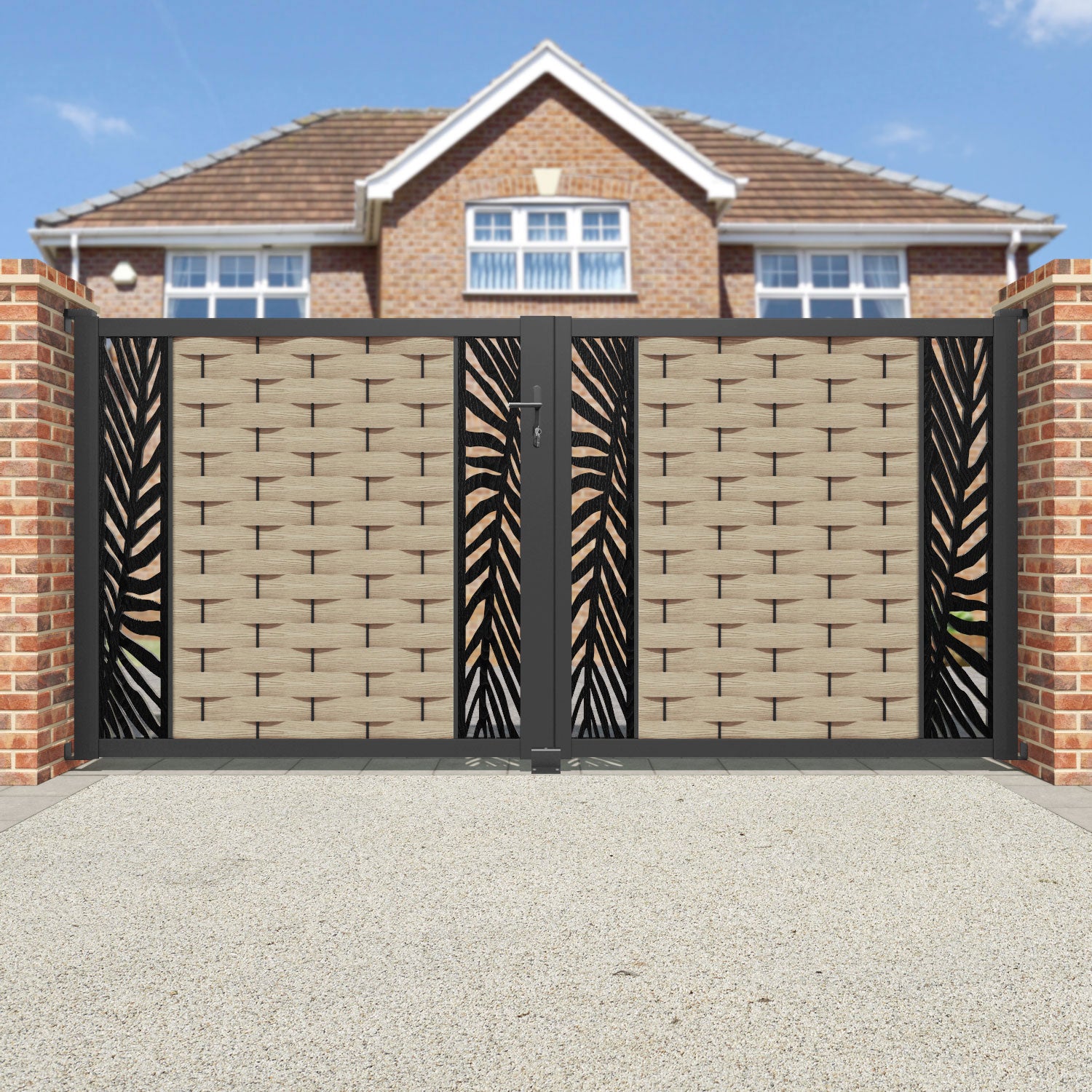 Ripple Palm Straight Top Driveway Gate - Light Oak- Middle & End Screen