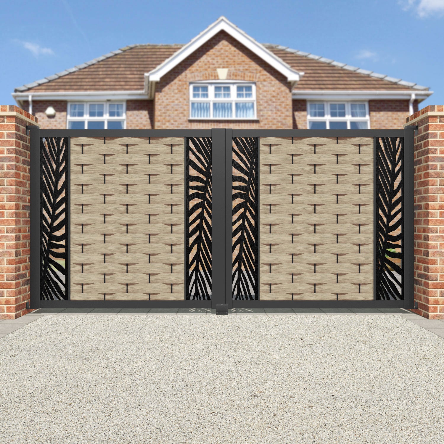 Ripple Palm Straight Top Driveway Gate - Light Oak- Middle & End Screen