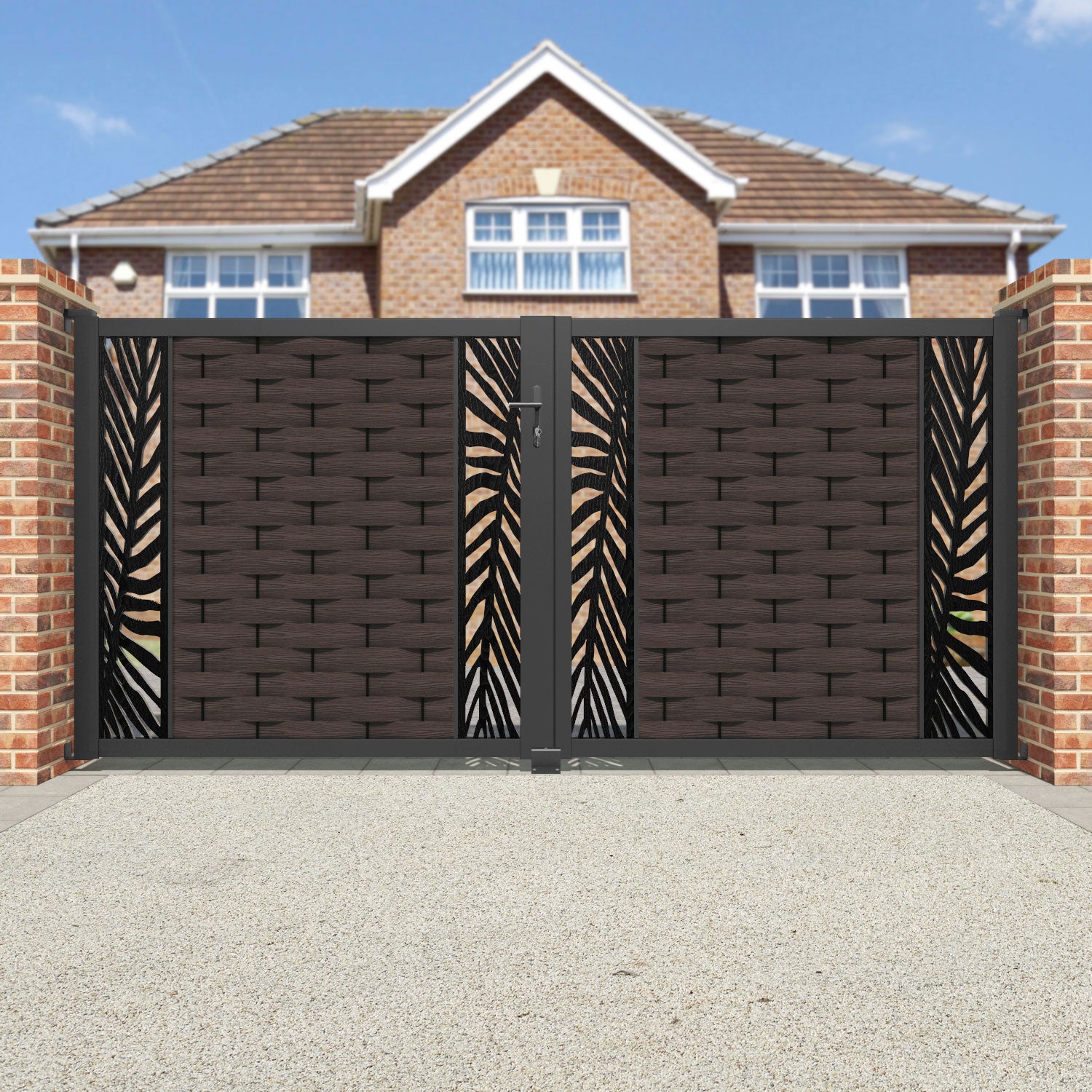 Ripple Palm Straight Top Driveway Gate - Mid Brown - Middle & End Screen