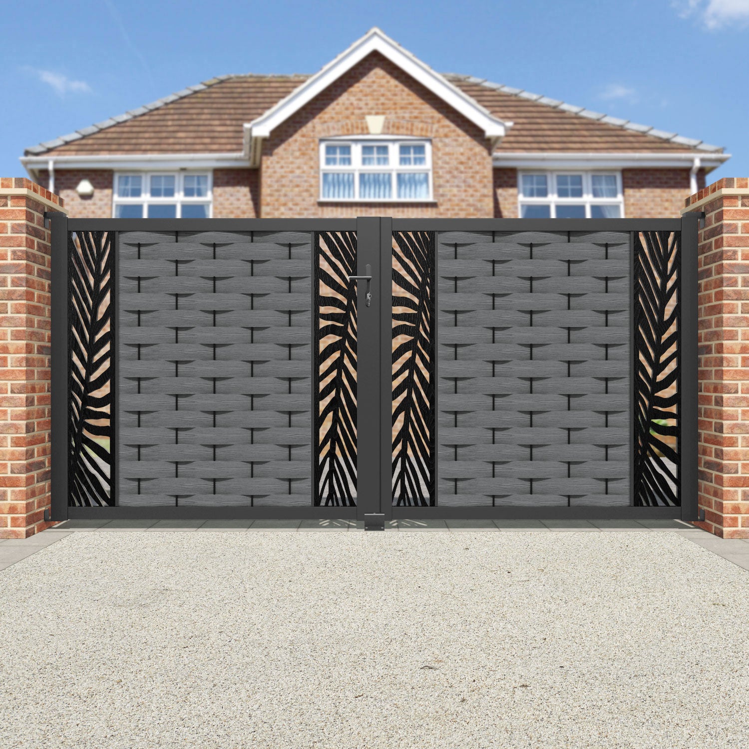 Ripple Palm Straight Top Driveway Gate - Mid Grey - Middle & End Screen