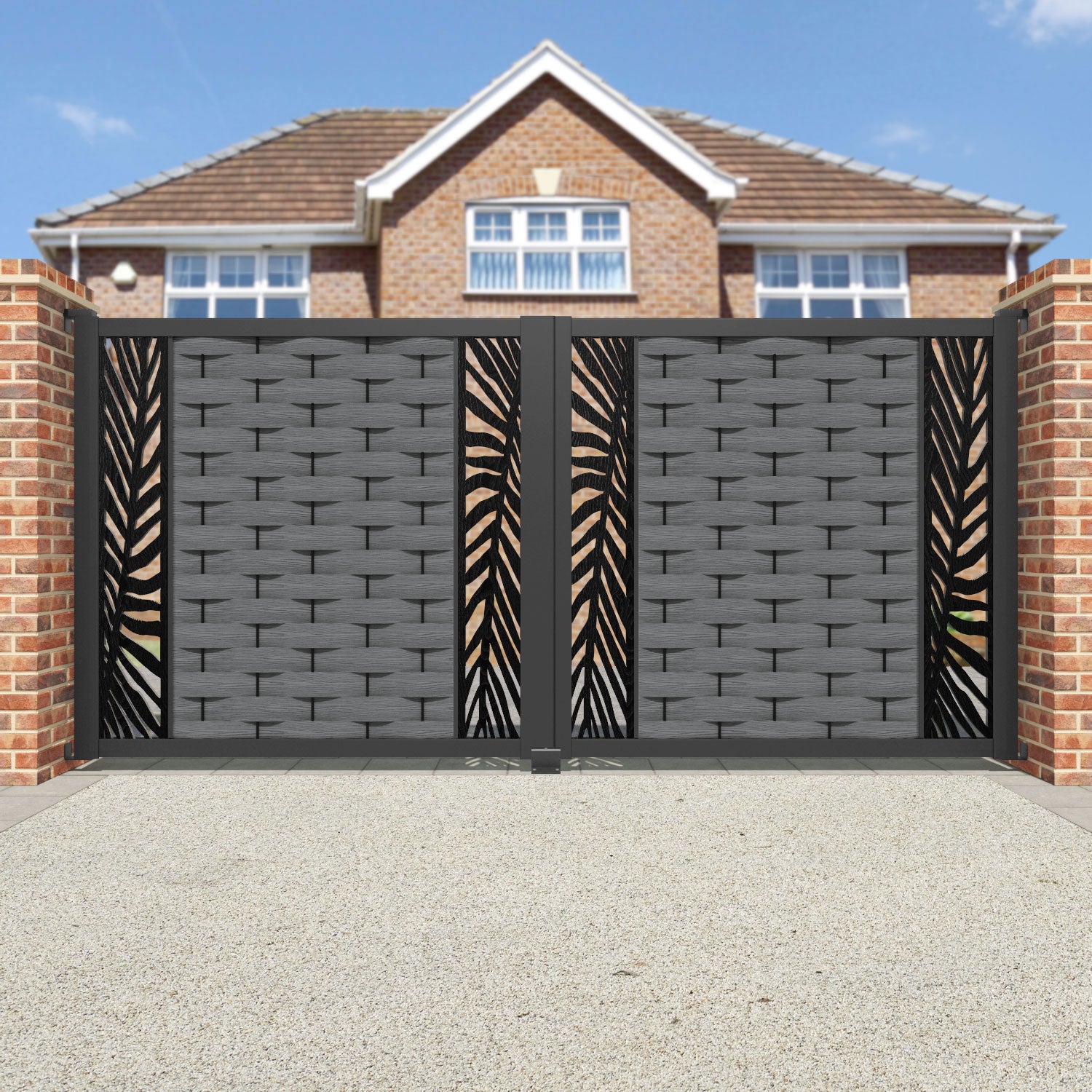 Ripple Palm Straight Top Driveway Gate - Mid Grey - Middle & End Screen