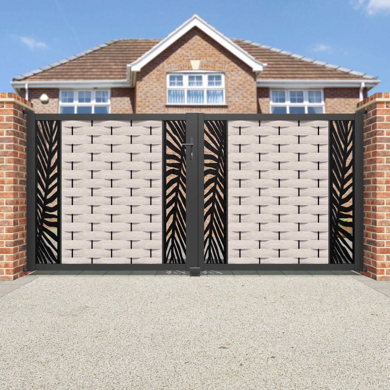 Ripple Palm Straight Top Driveway Gate - Mid Stone - Middle & End Screen