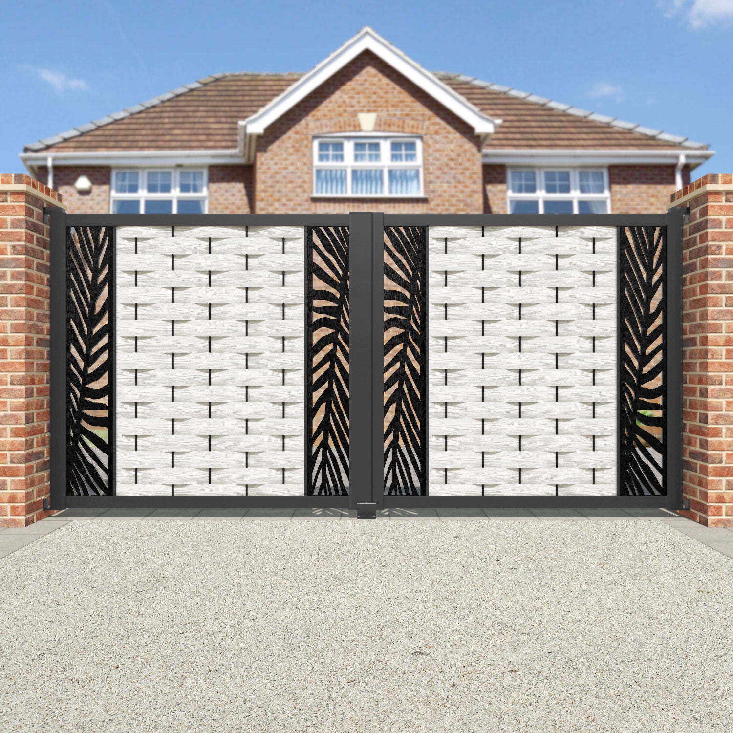 Ripple Palm Straight Top Driveway Gate - Light Stone - Middle & End Screen