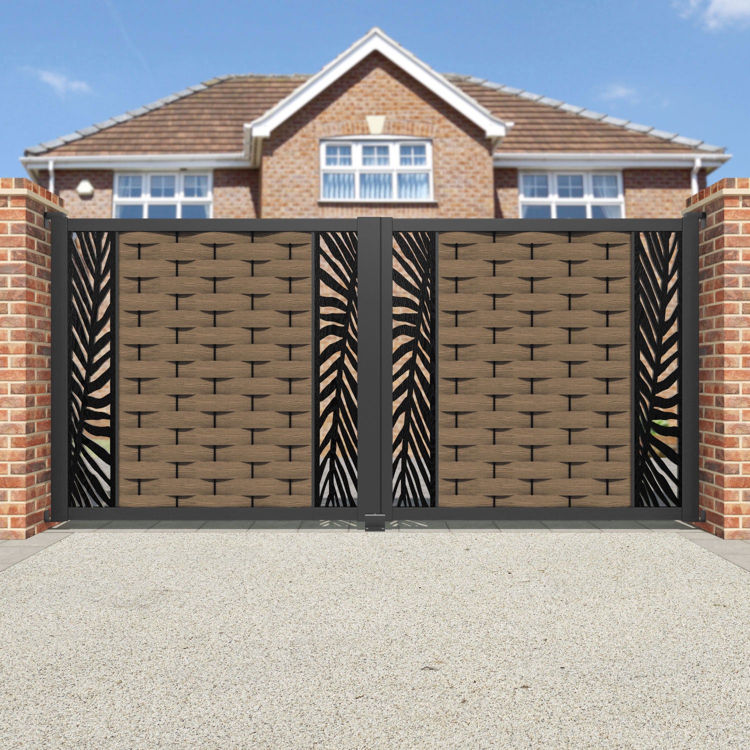 Ripple Palm Straight Top Driveway Gate - Teak - Middle & End Screen