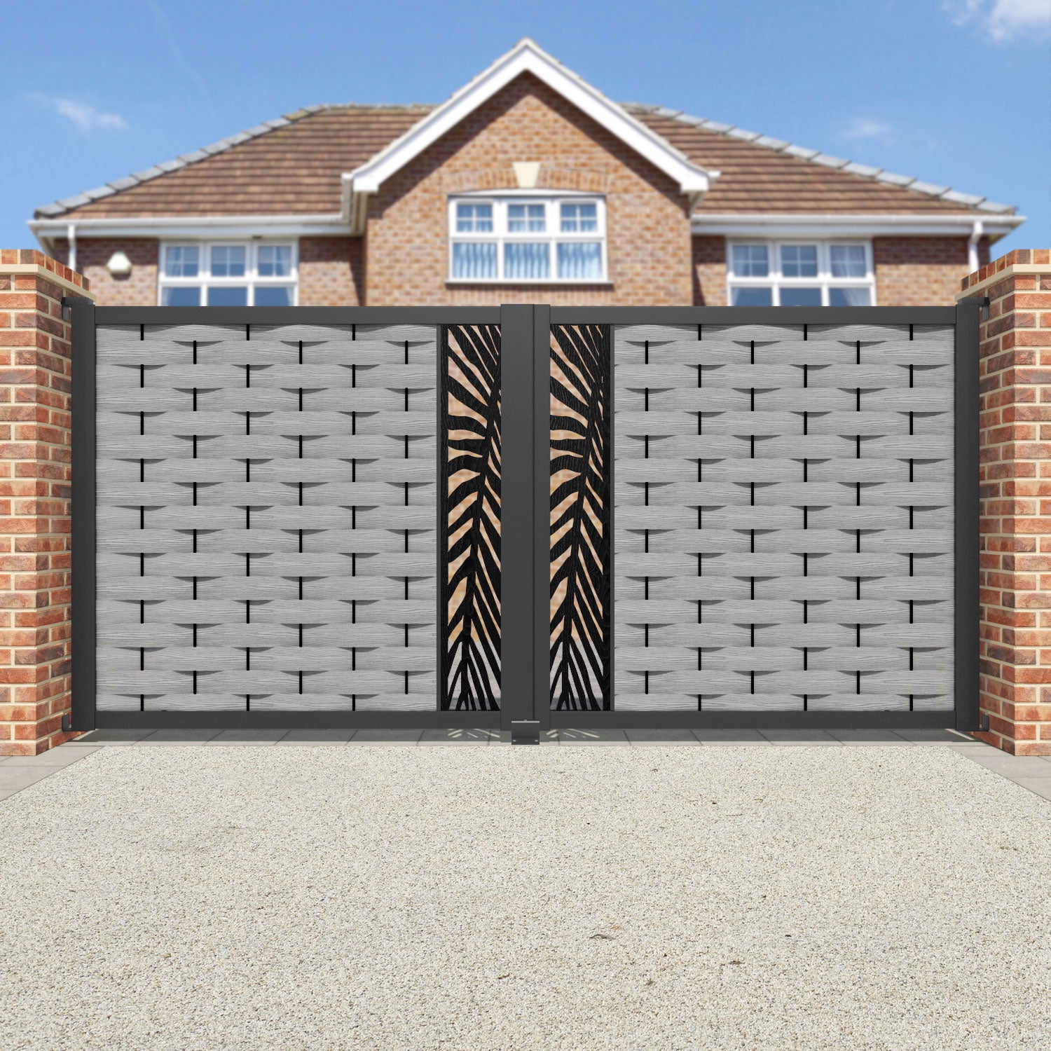 Ripple Palm Straight Top Driveway Gate - Light Grey - Middle Screen