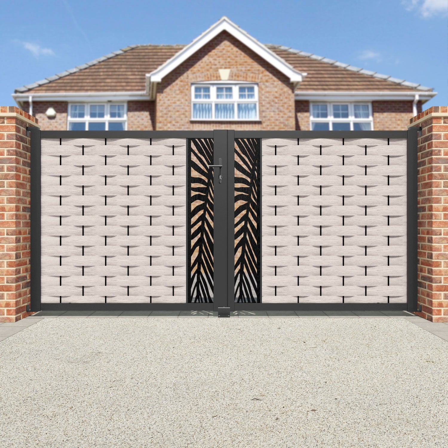Ripple Palm Straight Top Driveway Gate - Mid Stone - Middle Screen