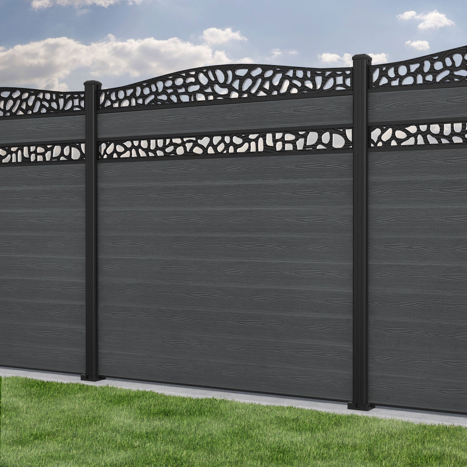 Classic Pebble Curved Top Split Screen Fence Panel - Dark Grey - with our aluminium posts