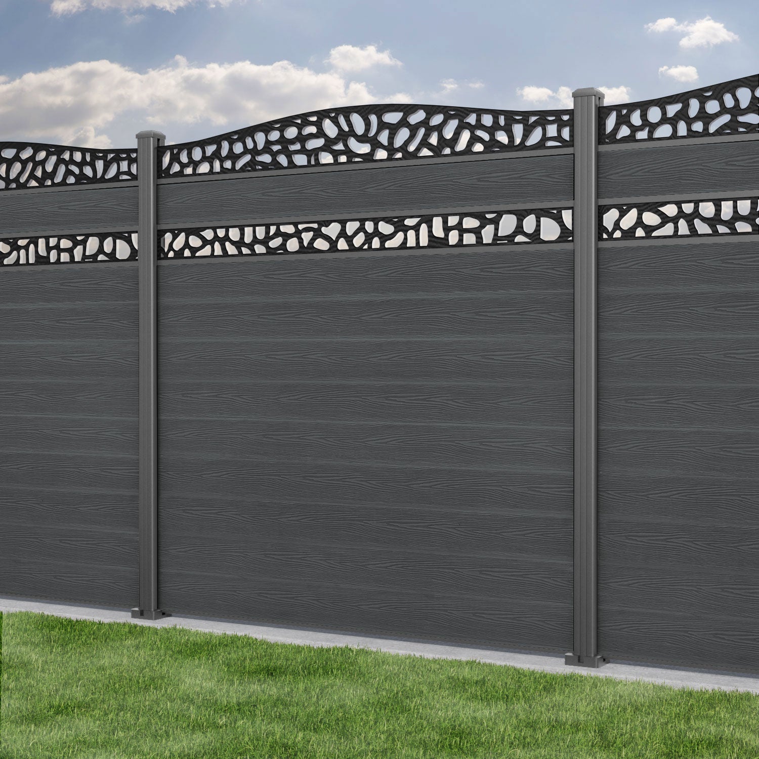 Classic Pebble Curved Top Split Screen Fence Panel - Dark Grey - with our aluminium posts