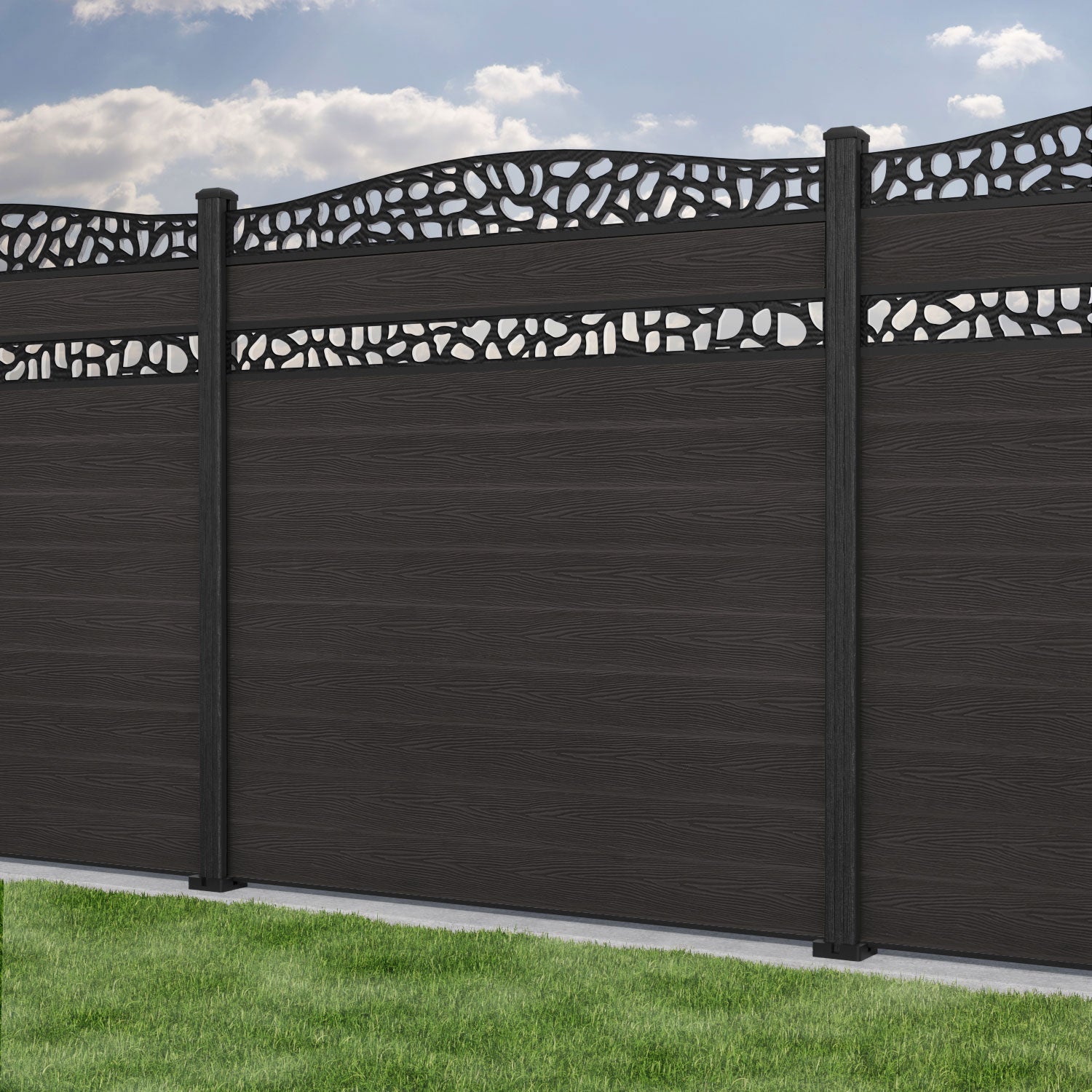 Classic Pebble Curved Top Split Screen Fence Panel - Dark Oak - with our composite posts