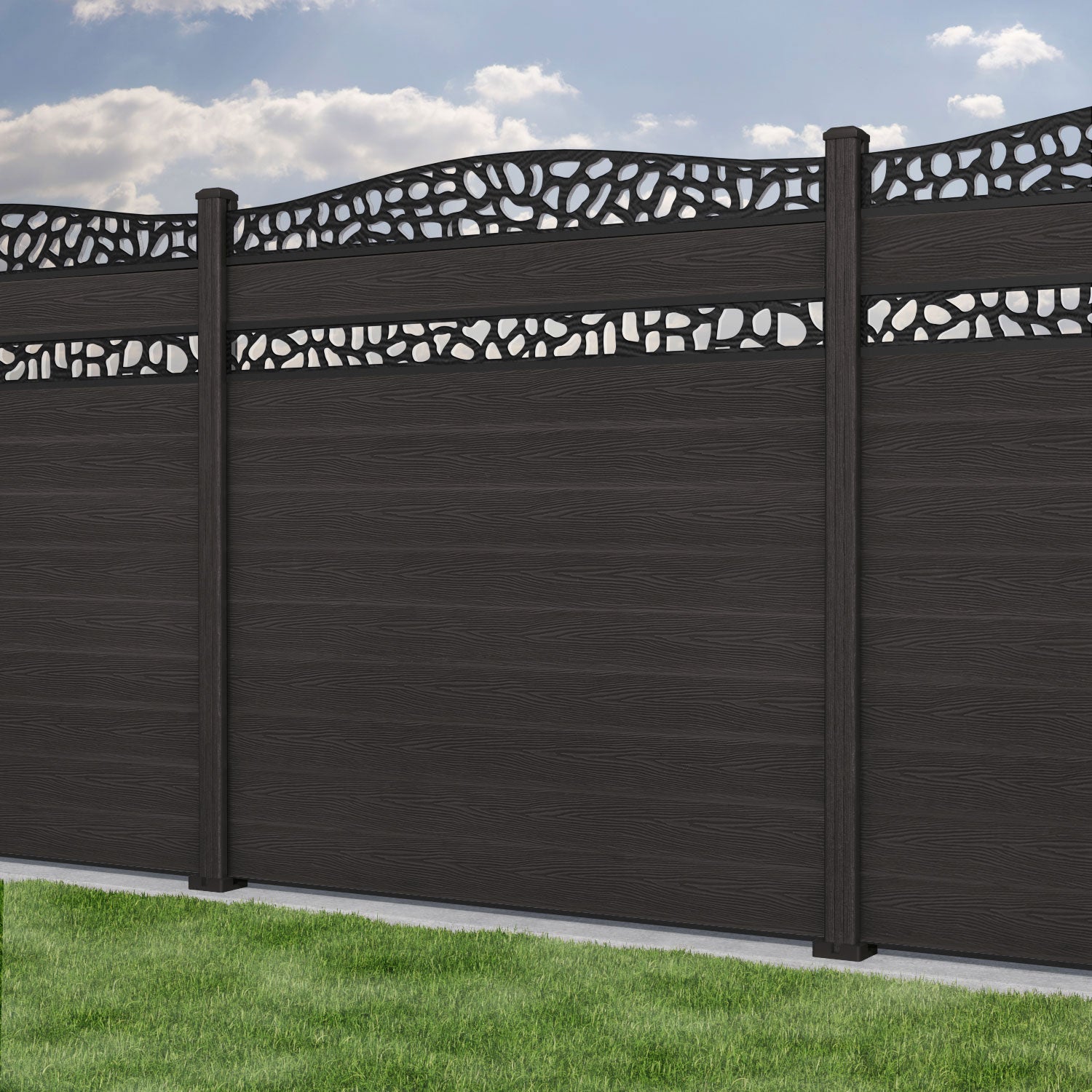 Classic Pebble Curved Top Split Screen Fence Panel - Dark Oak - with our composite posts