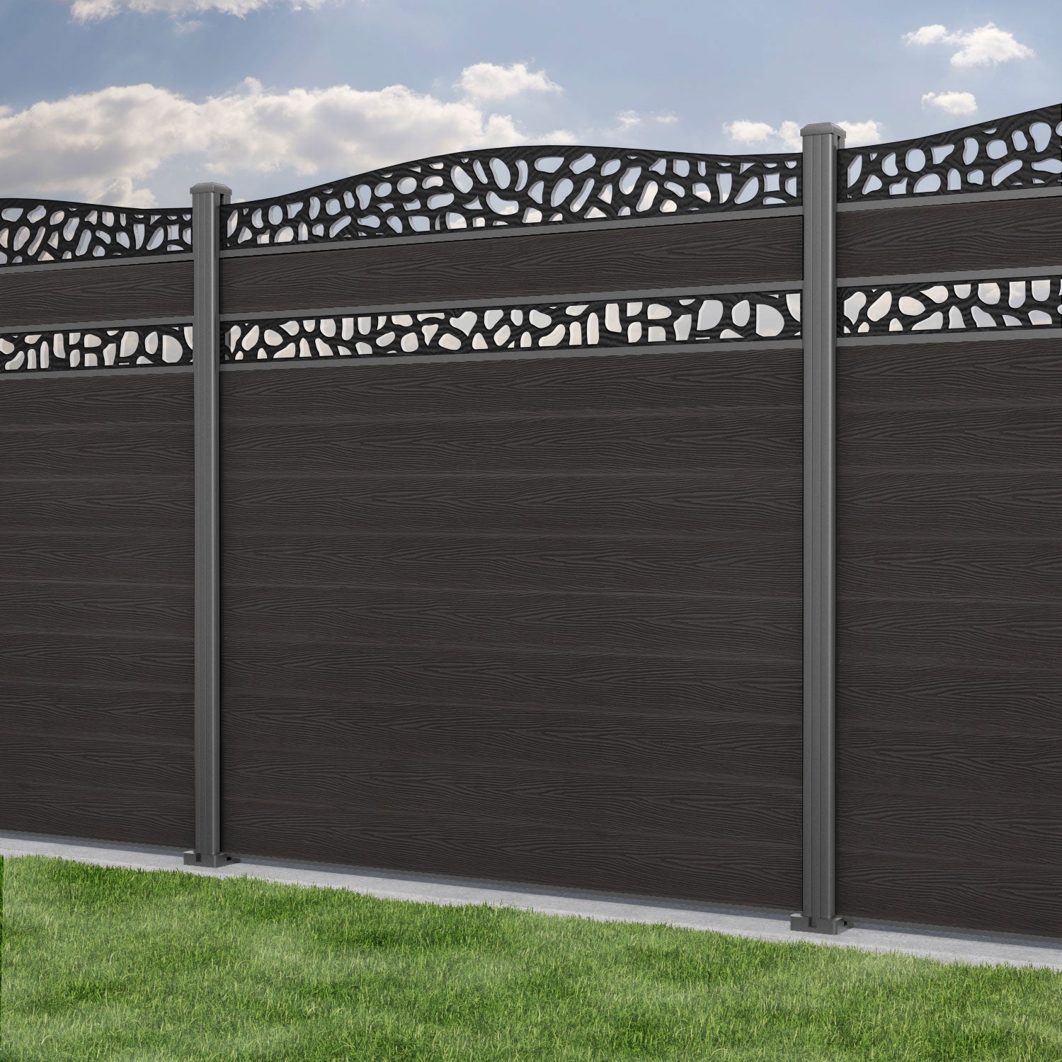 Classic Pebble Curved Top Split Screen Fence Panel - Dark Oak - with our aluminium posts
