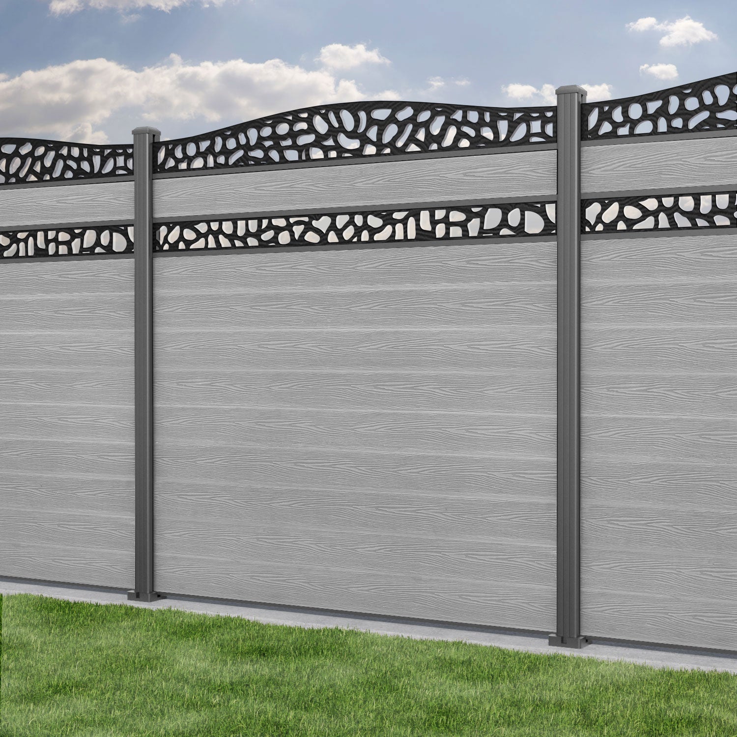 Classic Pebble Curved Top Split Screen Fence Panel - Light Grey - with our aluminium posts