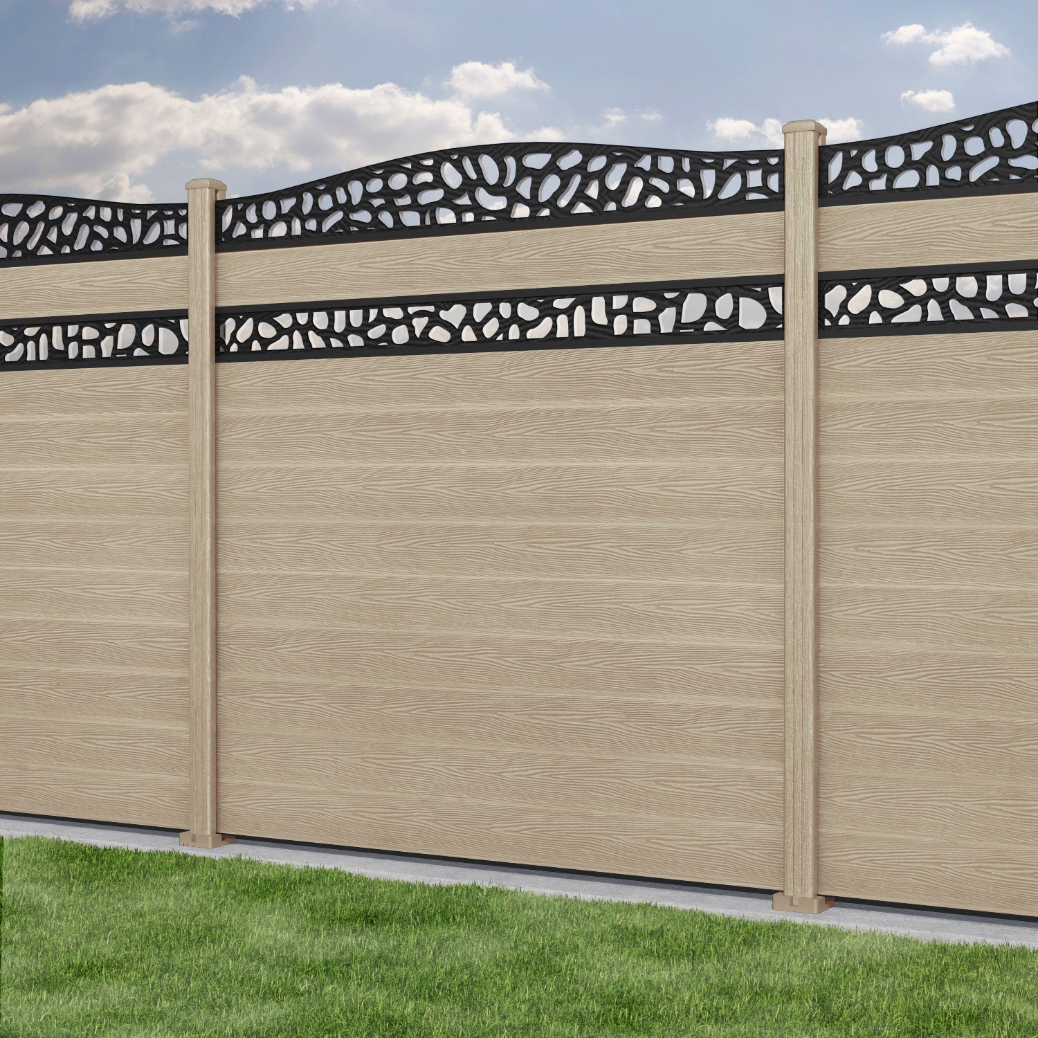 Classic Pebble Curved Top Split Screen Fence Panel - Light Oak - with our composite posts