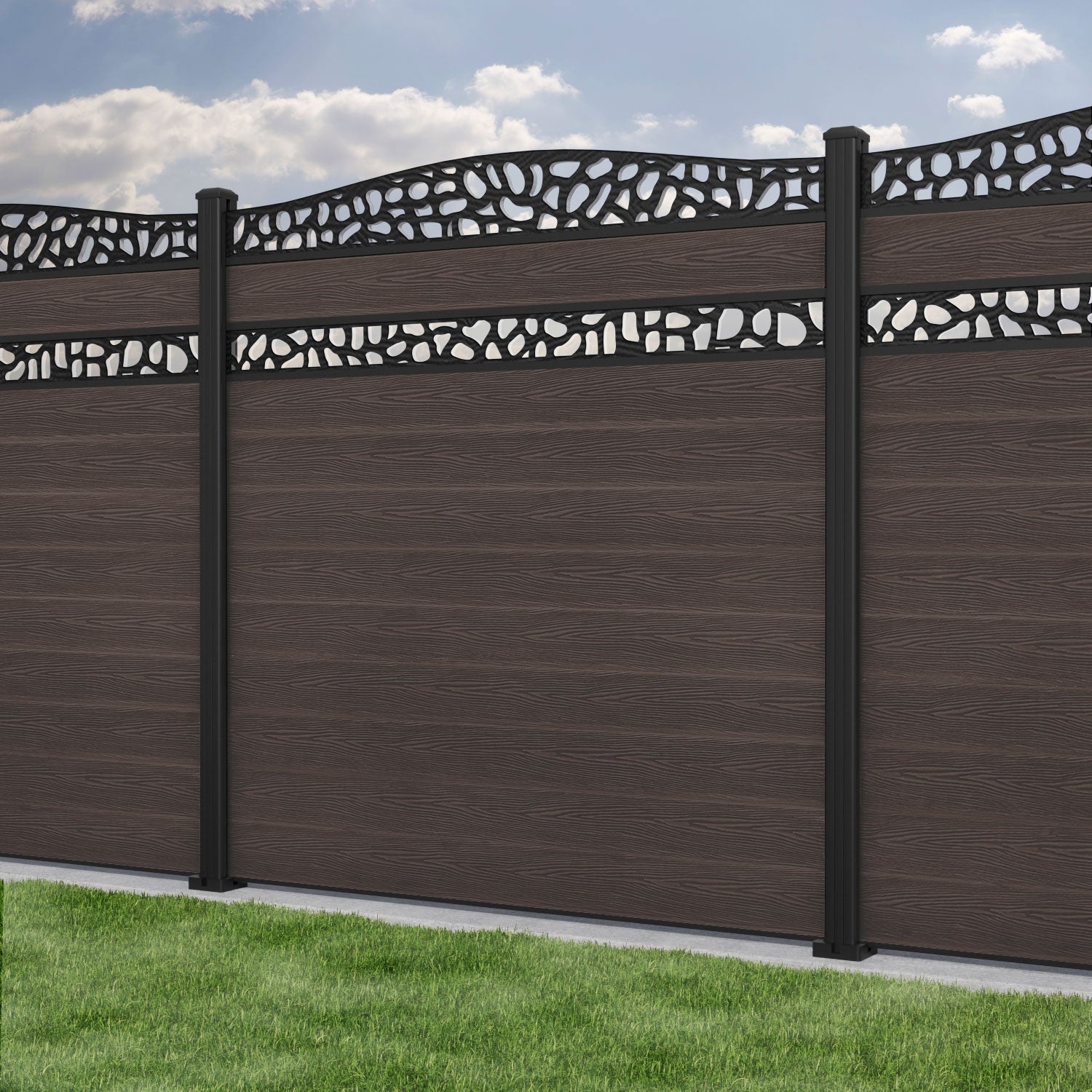 Classic Pebble Curved Top Split Screen Fence Panel - Mid Brown - with our aluminium posts