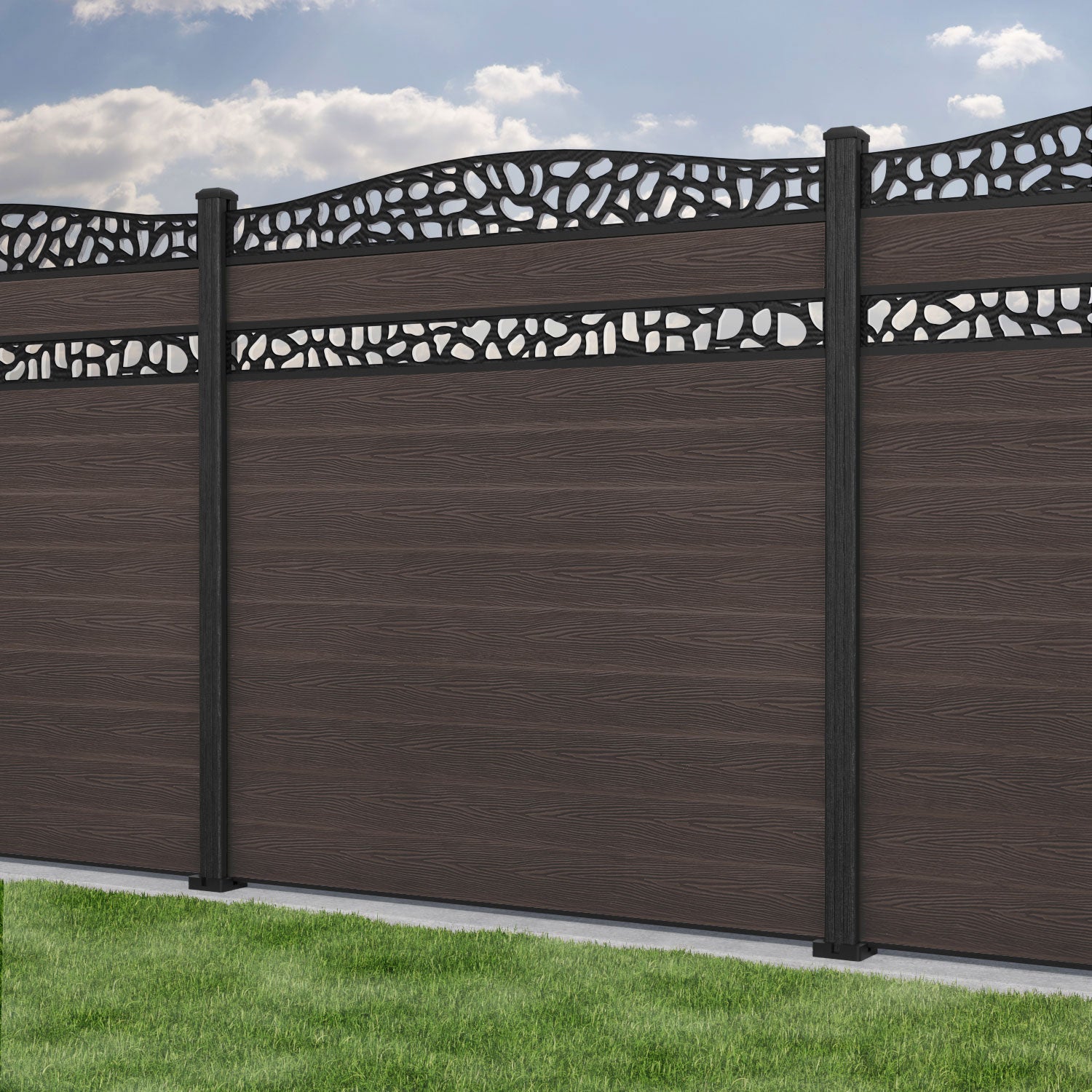 Classic Pebble Curved Top Split Screen Fence Panel - Mid Brown - with our composite posts