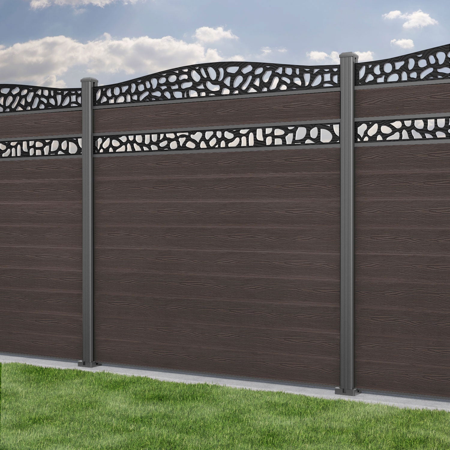 Classic Pebble Curved Top Split Screen Fence Panel - Mid Brown - with our aluminium posts