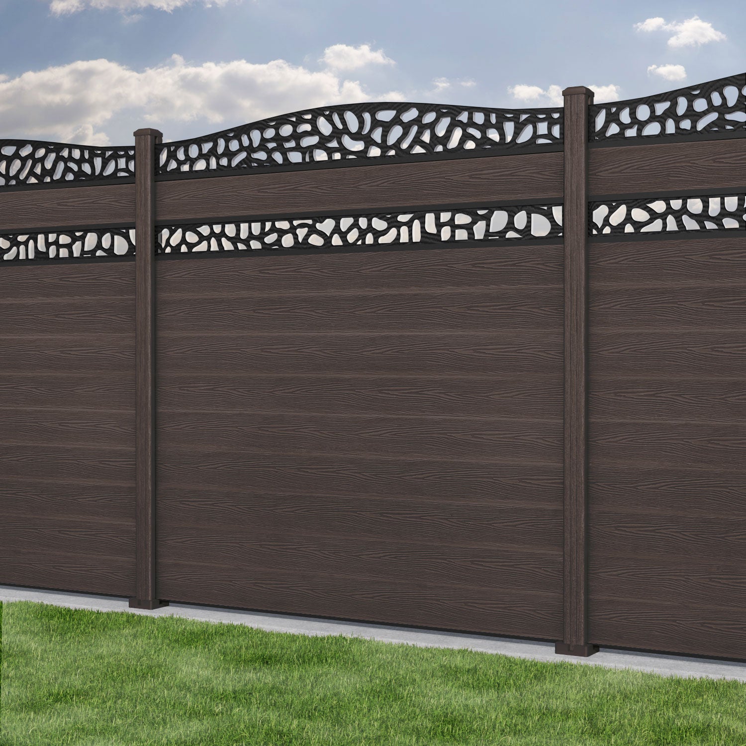 Classic Pebble Curved Top Split Screen Fence Panel - Mid Brown - with our composite posts