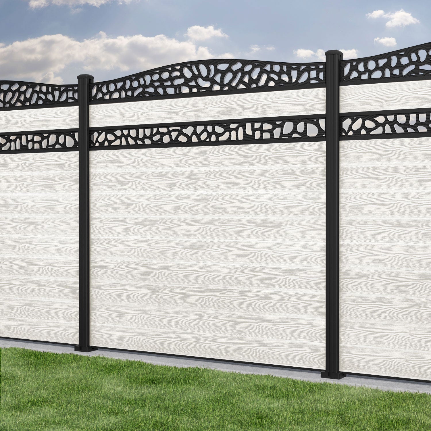 Classic Pebble Curved Top Split Screen Fence Panel - Light Stone - with our aluminium posts