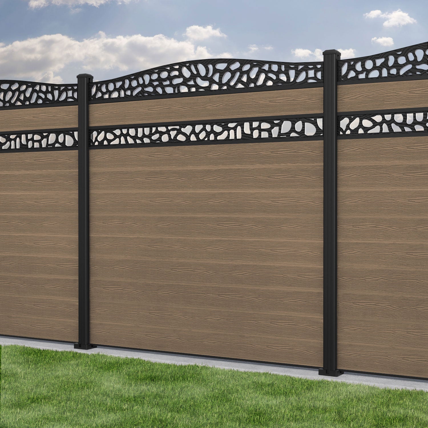Classic Pebble Curved Top Split Screen Fence Panel - Teak - with our aluminium posts
