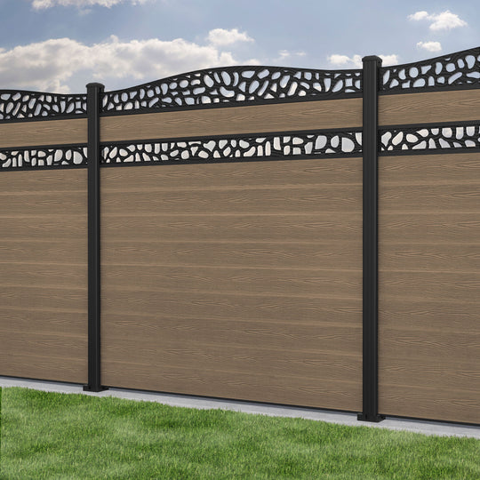 Classic Pebble Curved Top Split Screen Fence Panel - Teak - with our aluminium posts