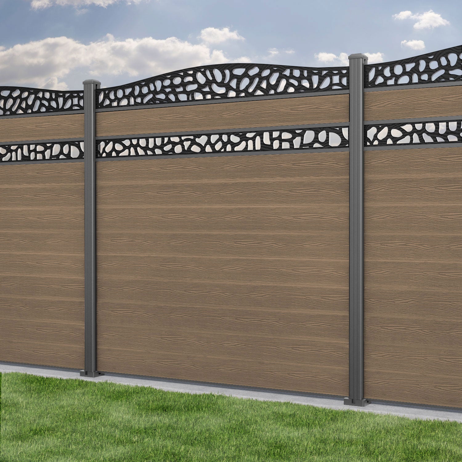 Classic Pebble Curved Top Split Screen Fence Panel - Teak - with our aluminium posts